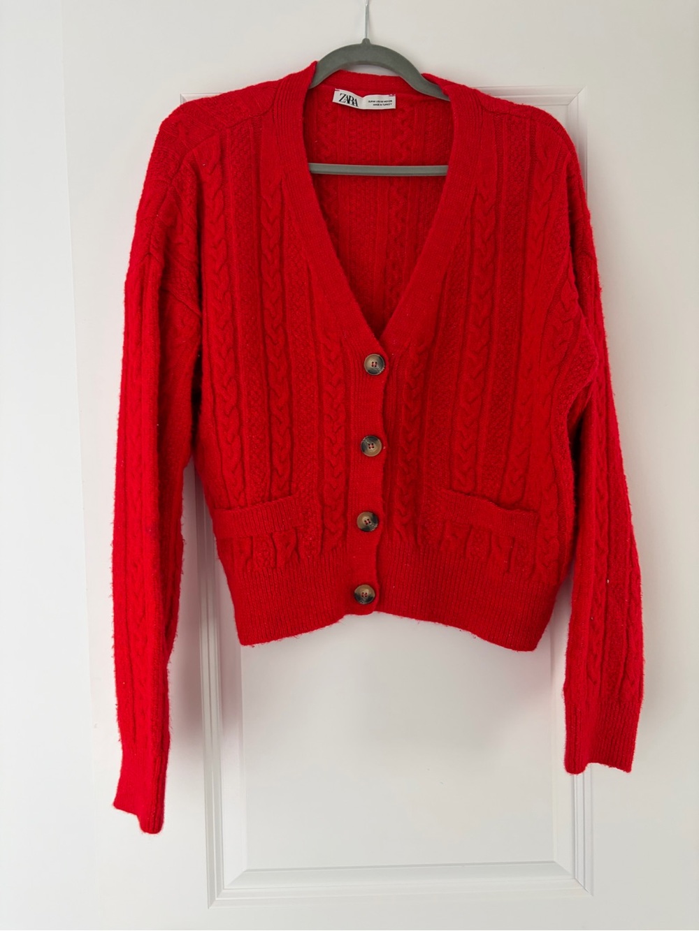 Zara Bright Red Cable-Front Button Cardigan
